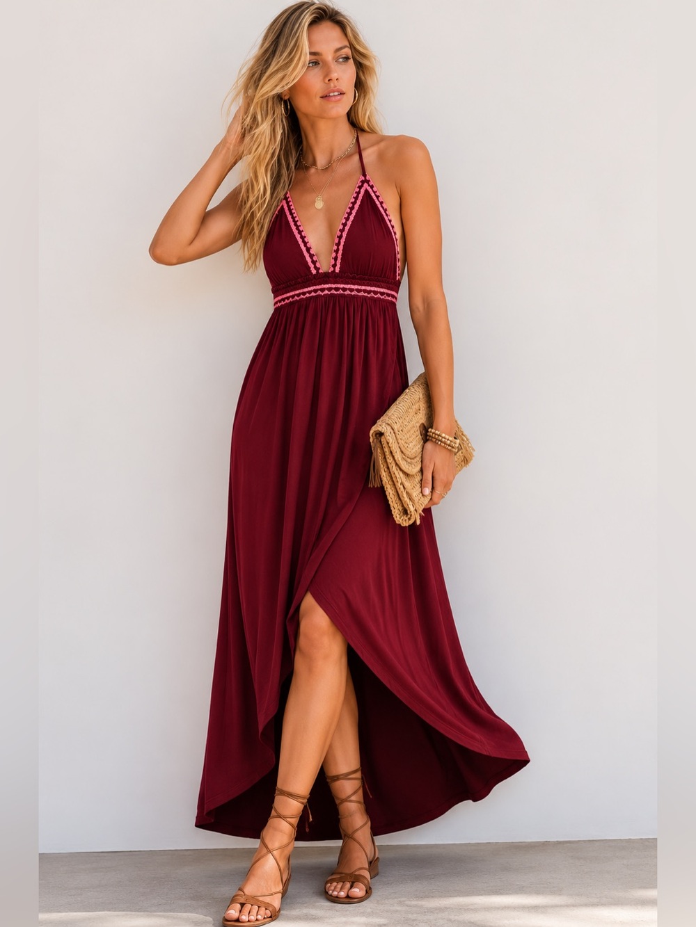 Express Burgundy Halter Maxi Dress Open Back Boho Large